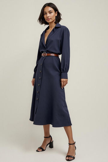 Navy Collar Neck Buttons Midi Shirt Work Dress with Sleeves